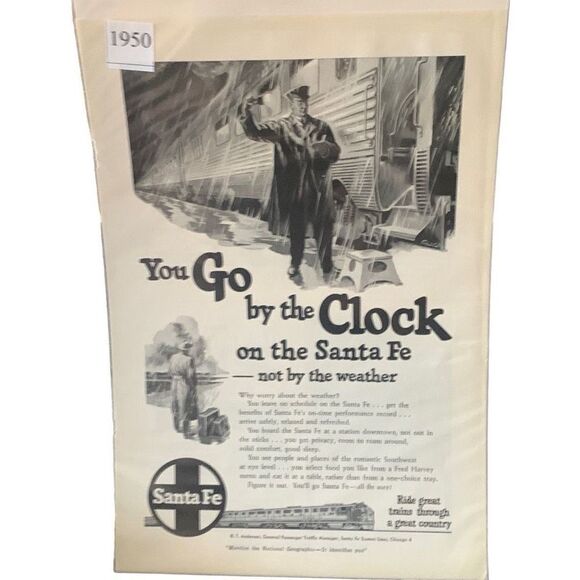 Vintage 1950 Santa Fe Go by The Clock Not The Weather Ad Advertisement - Picture 1 of 4